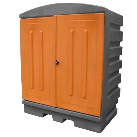 CONTENEUR DE RETENTION EN PE GRIS PORTES ORANGES 280 LITRES