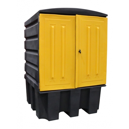 CONTENEUR DE RETENTION EN PE GRIS PORTES JAUNES 1000 LITRES